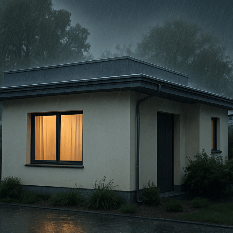 Modern flat-roof home during heavy rainstorm, viewed from street